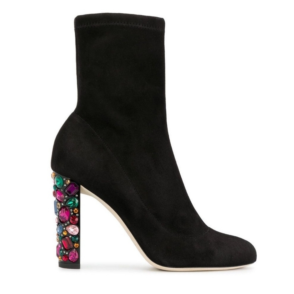 Jimmy Choo Maine 100 black suede sock bootie rainbow crystal embellished 37.5
